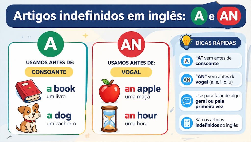Infográfico explicando artigos indefinidos em inglês a e an com exemplos práticos para iniciantes