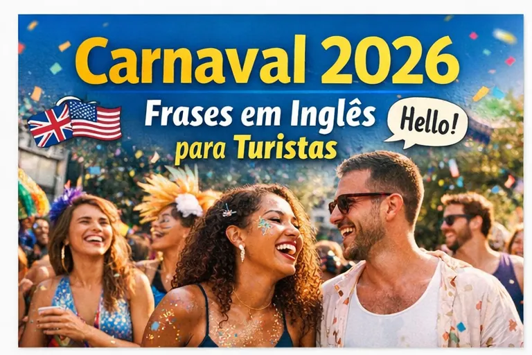 Capa do guia de frases em inglês para o Carnaval 2026