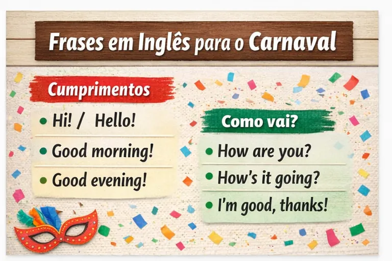 Cumprimentos em inglês e perguntas como “How are you?” para o Carnaval 2026