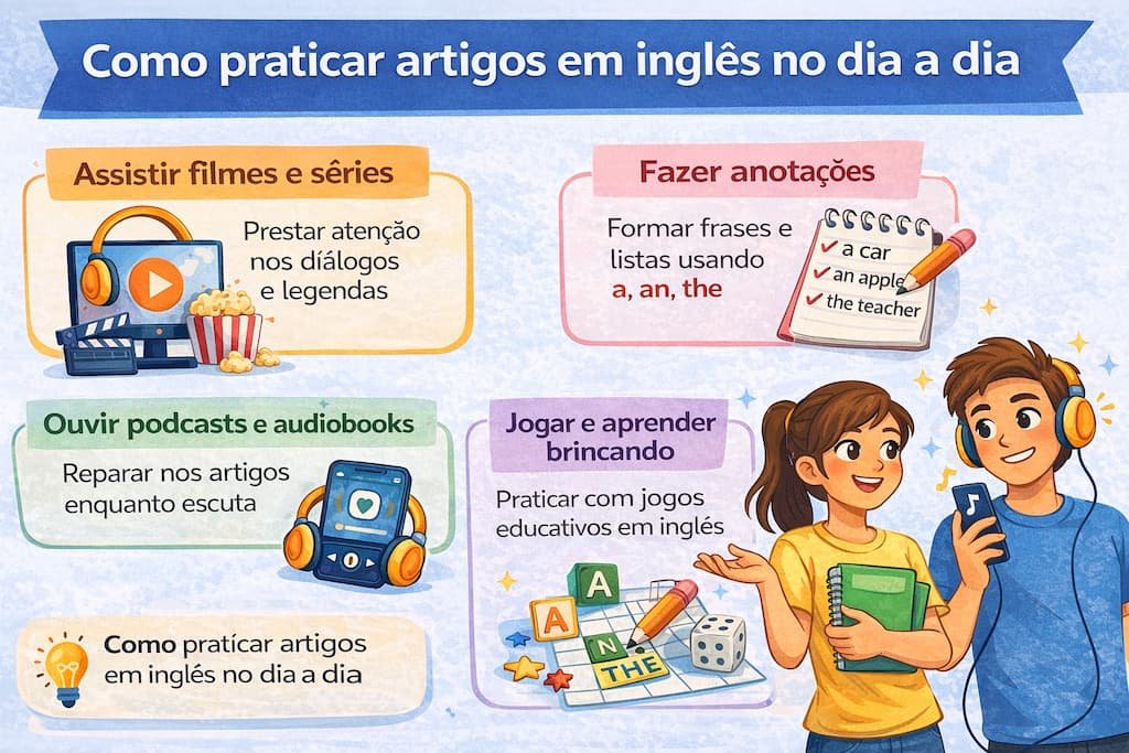 Infográfico com dicas de como praticar artigos em inglês no dia a dia com exemplos e atividades