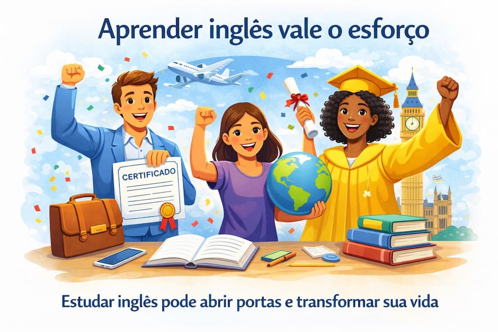 Ilustração sobre aprender inglês sozinho com apoio de materiais, tecnologia e estudo independente