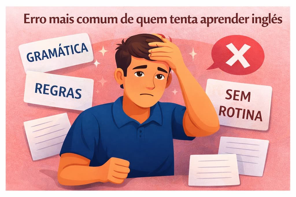 Ilustração mostrando o erro mais comum de quem tenta aprender inglês sem rotina e com foco excessivo em gramática e regras