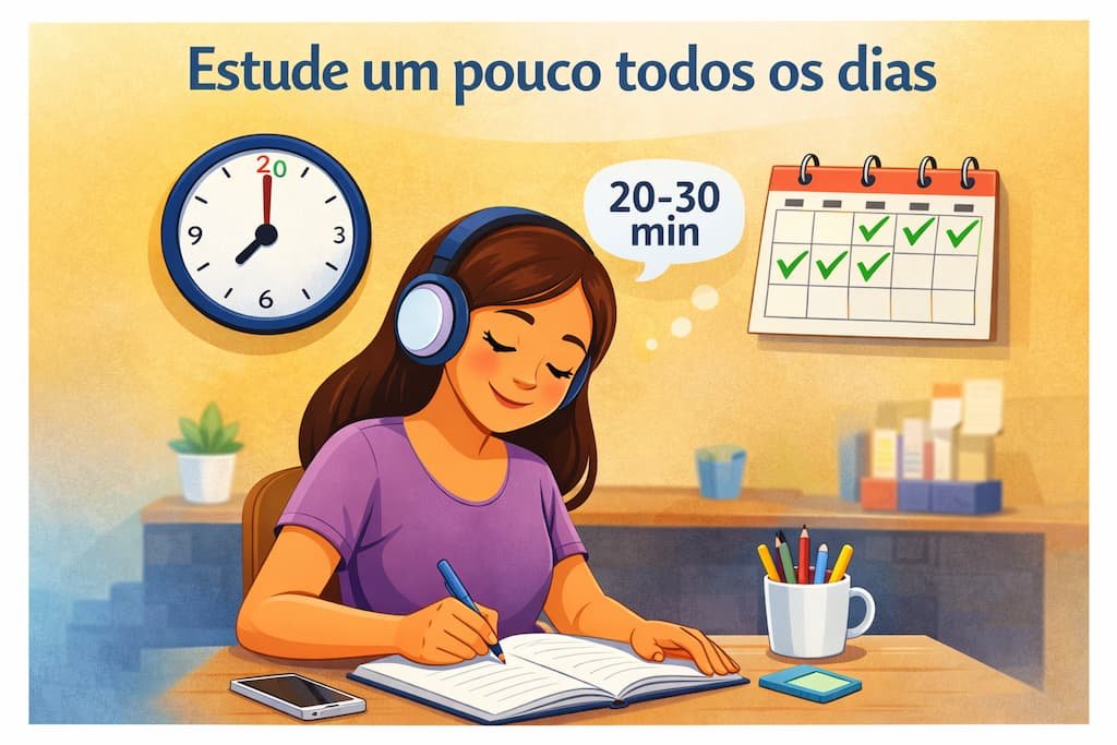 Ilustração de estudante estudando inglês todos os dias com rotina curta de 20 a 30 minutos