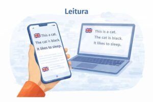 Leitura em inglês para iniciantes usando celular e notebook