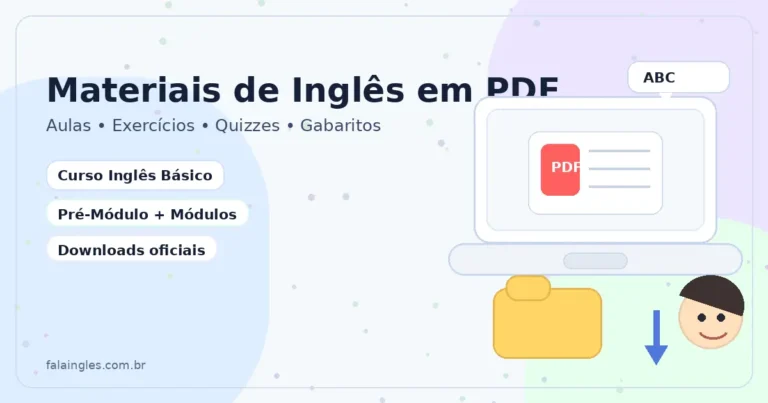 Banner ilustrado de materiais de inglês em PDF do Fala Inglês, com aulas, exercícios, quizzes e gabaritos para iniciantes.
