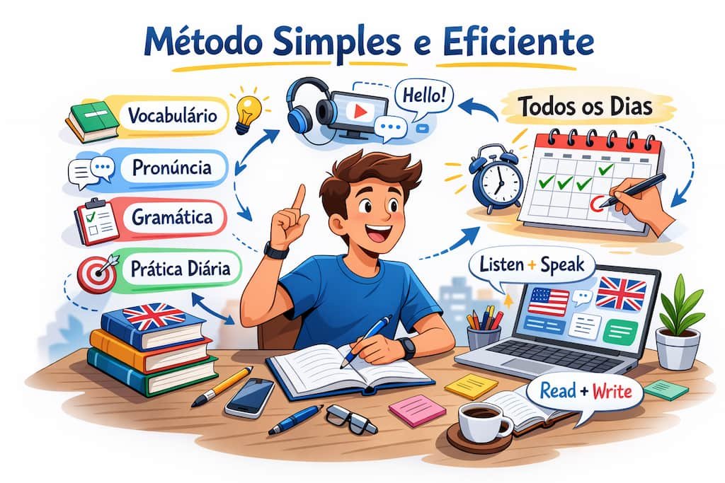 Ilustração de método simples e eficiente para aprender inglês com vocabulário, prática, escuta e rotina diária