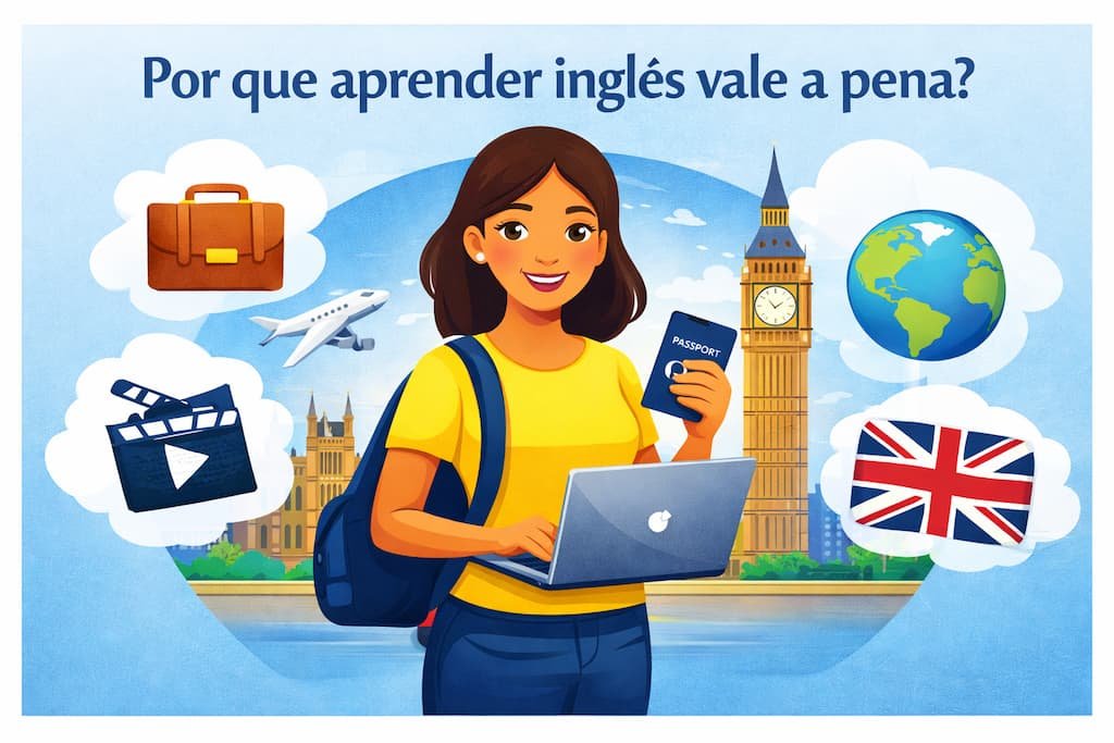 Ilustração sobre por que aprender inglês vale a pena para trabalho, estudos e viagens