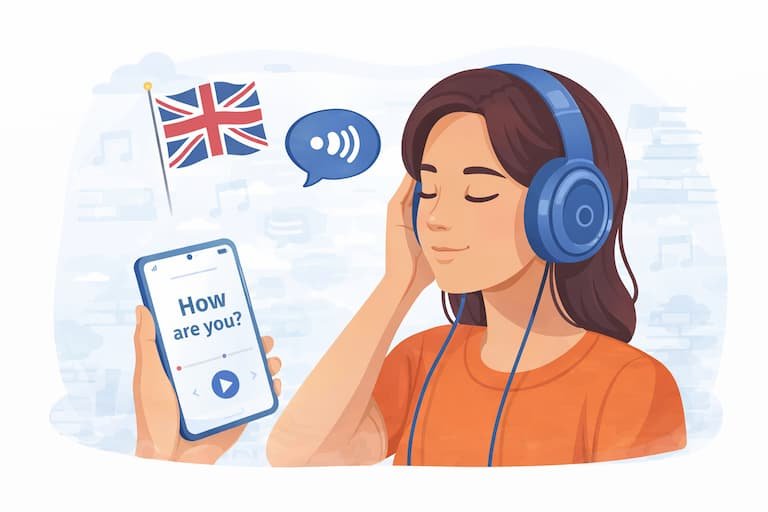 Prática de pronúncia em inglês para iniciantes usando fones de ouvido