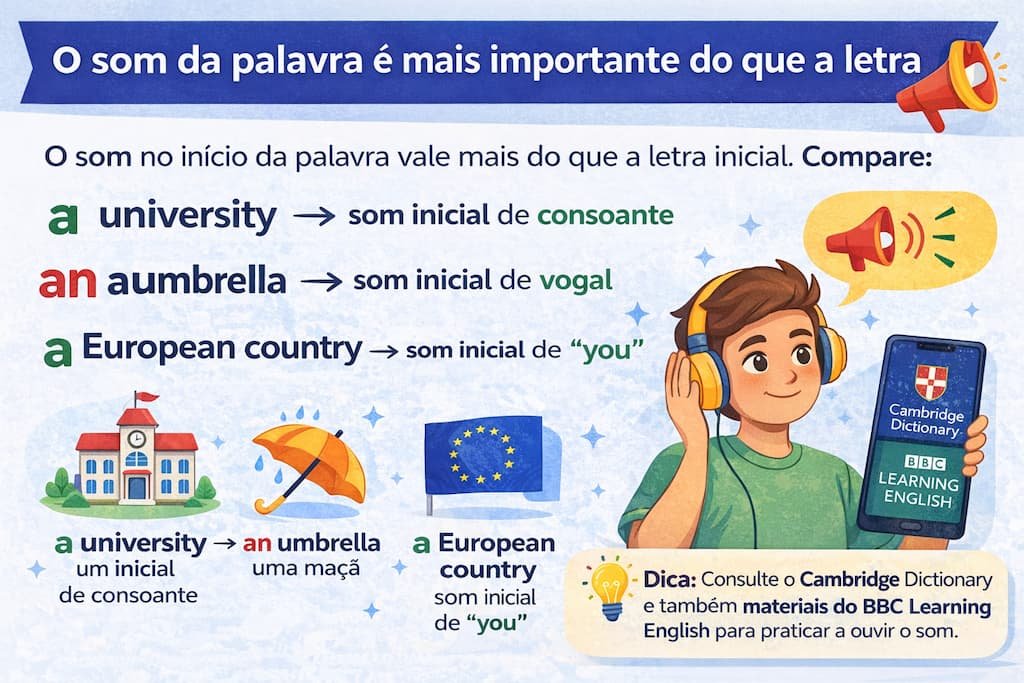 Infográfico mostrando que o som da palavra é mais importante que a letra inicial no uso de a e an em inglês