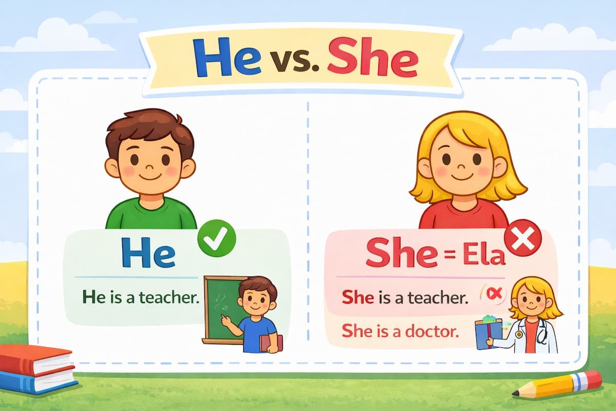 Diferença entre he e she pronomes pessoais em inglês exemplo he is a teacher she is a doctor