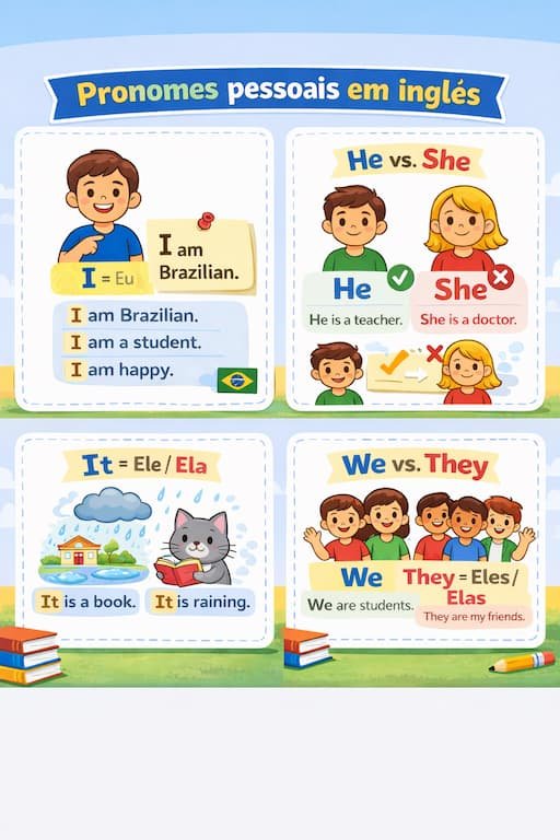 Exemplos de pronomes pessoais em inglês I He She It We They